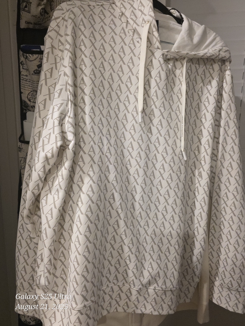 Armani Exchange Cream Hoodie with Light Brown Monogram Print